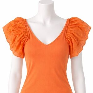 Orange Puff Sleeve V-Neck Women's Top